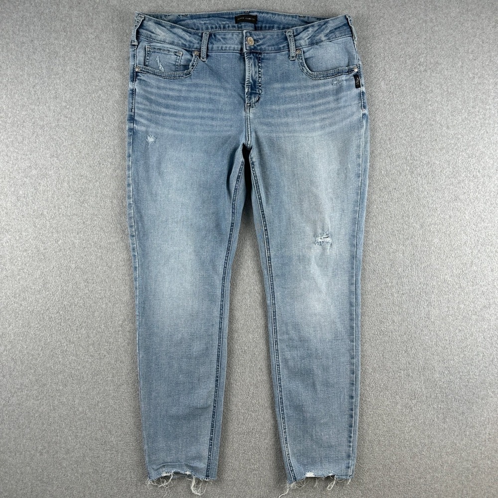 Silver Jeans Women's W36 L29 Blue Elyse Distressed Skinny Cropped Raw Hem Whisk